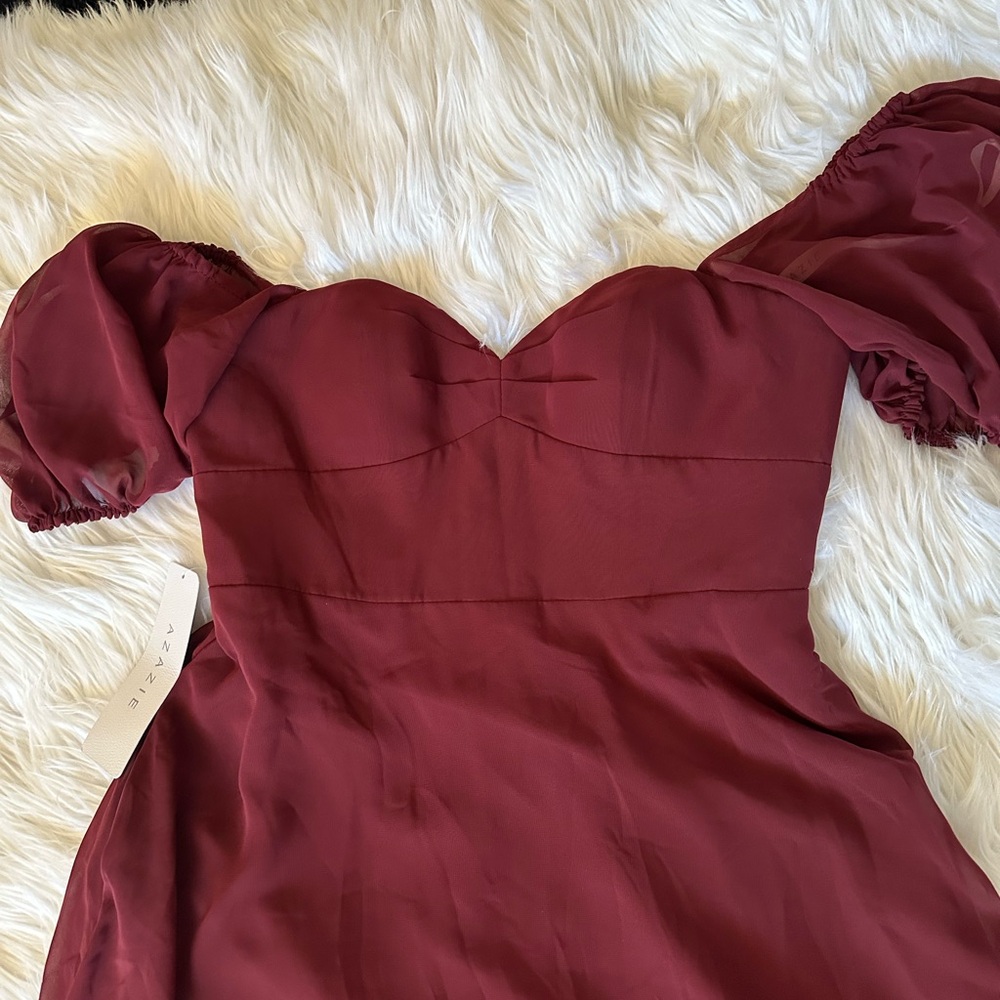 Azazie Baby Cabernet Midi Bridesmaid Dress Puff Sleeves Sweetheart Neck Size 6 - Picture 9 of 11